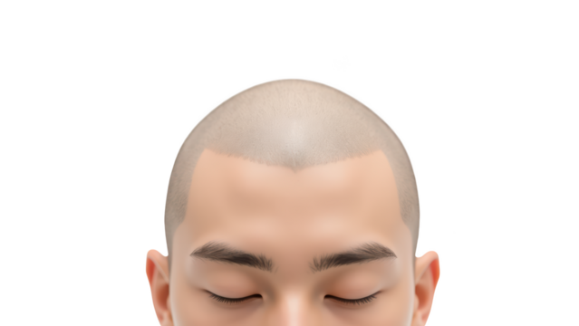 Close up view of male head with shaved hairstyle, showcasing smooth skin and closed eyes, conveying sense of calm and tranquility
