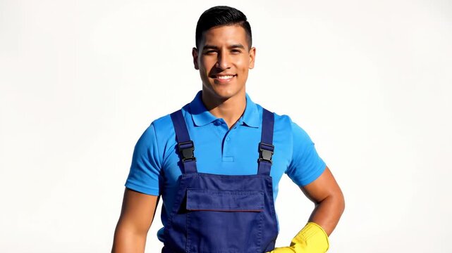 smiling hispanic man in cleaner's uniform holding spray bottle. professional janitorial and maintenance service. isolated on white background with copyspace. banner, website header.