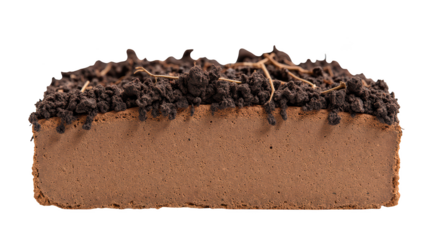 Rich chocolate dessert with crumbly top layer of dark soil like texture, showcasing smooth, creamy base