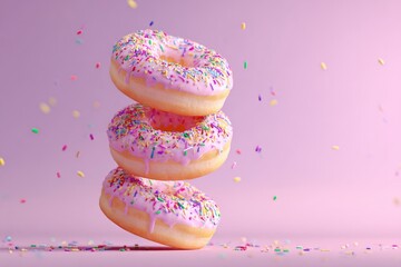 Three donuts levitate, stacked, adorned with pink icing and colorful sprinkles, against a pastel pink background.  Sprinkles float around them