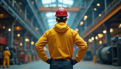 Worker in hard hat, safety jacket observes factory production from back. Male engineer supervises machinery at industrial plant. Foreman inspects equipment, workflow inside large manufacturing