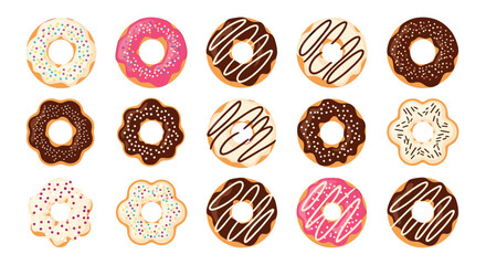A vibrant collection of assorted donuts with various toppings like sprinkles and icing, showcasing different flavors and shapes on a white background.