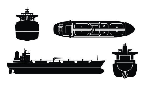 Different views of a tanker ship depicted in black and white vector icons isolated on a white background