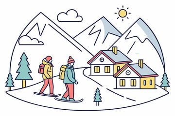 Dos personas con mochilas caminan con raquetas de nieve hacia un peque&ntilde;o pueblo en las monta&ntilde;as, rodeado de pinos y bajo un cielo soleado.
