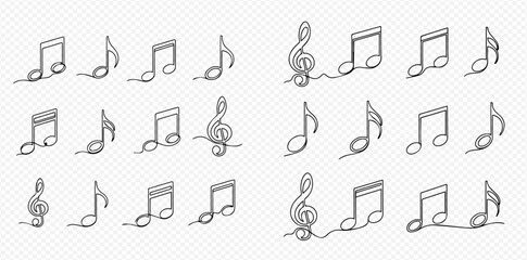 Continuous line art musical notes and treble clefs in isometric style on a transparent background, vector illustration set.