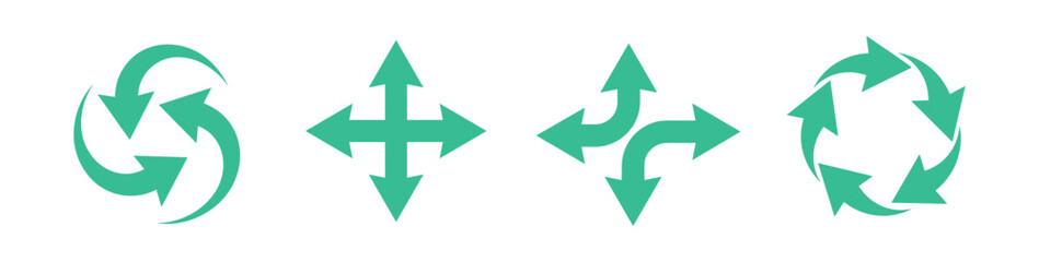Fototapeta premium Set of four distinct teal arrow icons representing rotation, movement, direction, and circular flow