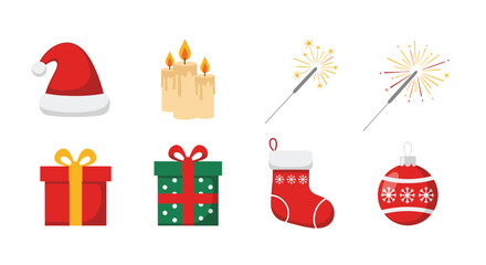 A collection of various festive Christmas items and holiday decorations on a white background, including gifts, candles, and a Santa hat.
