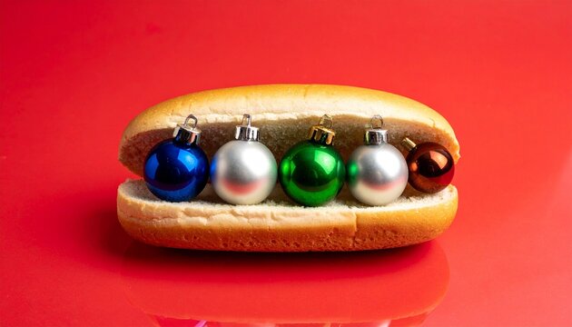 Hot dog bun filled with Christmas ornaments on red.