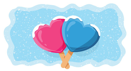 Two colorful heart-shaped popsicles, pink and blue, adorned with white toppings, stand together against a whimsical snowy blue background, symbolizing sweet winter affection.