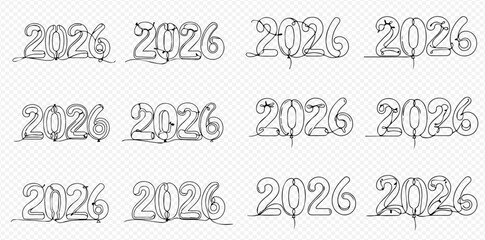 Collection of various 2026 year numbers in a unique continuous single line art style, ideal for future event designs.