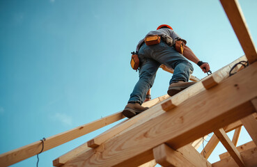 Carpenter builds roof structure. Man working on wooden house frame. Construction worker with tools builds new home. Residential building process under clear blue sky.
