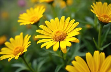 Fototapeta premium Bright yellow daisy-like flowers bloom in rich green garden. Petals open towards sunlight on sunny summer day. Fresh blossoms showcase nature beauty, perfect for spring backgrounds, eco themes,