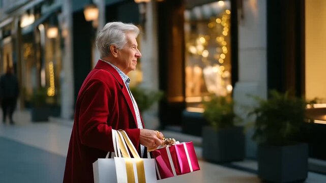 Faceless senior man in elegant red clothing walking past decorated storefronts, gifts in hand, shallow depth of field, warm evening tones, with copy space