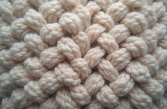 Close-up of chunky knit wool texture background. Soft beige fabric shows detailed braided pattern. Cozy textile provides warm backdrop. Hand-made style creates comforting design for winter fashion,