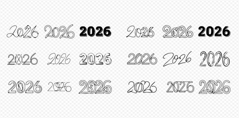 Collection of various stylized 2026 year numbers in different fonts and designs, isolated on a transparent background.