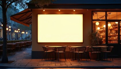 Empty illuminated billboard on cafe wall at night. Outdoor tables and chairs await customers on sidewalk. Restaurant interior visible through window. Street lights glow in distance.
