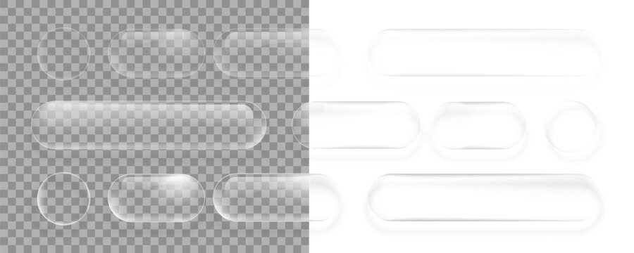 Set of transparent glass elements in various shapes including circles, ovals, and rounded rectangles for web design