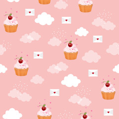 Seamless pattern for decorating Valentine's Day gifts. Cherry cake on a pink background surrounded by clouds and hearts Vector background