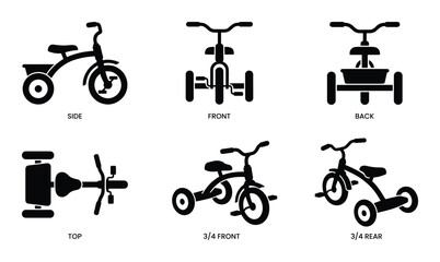 Tricycle views set of simple black and white vector icons showing various perspectives of a child's three-wheeled bicycle