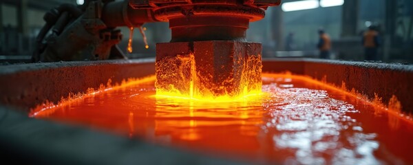 Steel object submerged in bright orange molten zinc bath. Metalwork on hot dip galvanizing process for rust protection. Industrial fabrication scene.