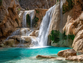 Serene natural waterfall cascading over rugged rocks into a turquoise pool surrounded by steep cliffs and lush greenery in a peaceful outdoor setting
