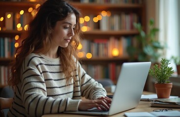 Adult woman studies online at home on laptop. Female student learns new skills, balances work and education. Person sits at desk with books and plant, uses computer for virtual course.