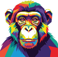 Obraz premium Vibrant and expressive chimpanzee portrait in a dynamic, geometric pop art style, showcasing an explosion of colors and modern artistic flair