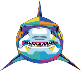 Dynamic and visually arresting depiction of a great white shark's head, showcasing a modern artistic interpretation with bold, interlocking colorful polygons