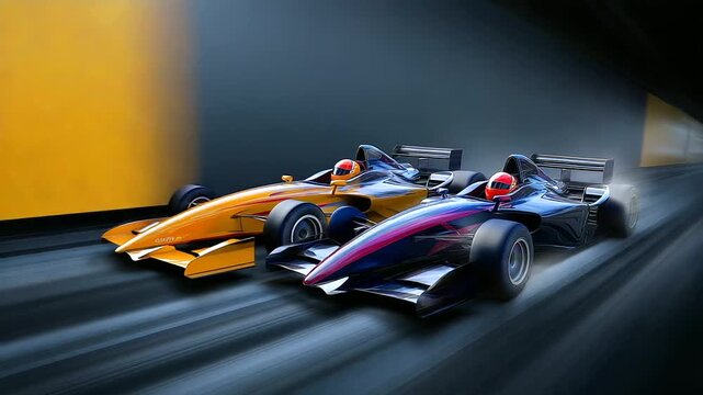 Motion-blurred side view of two open-wheel vehicles racing neck-and-neck, cockpits obscured in shadow, abstract streaks suggesting extreme speed, with copy space