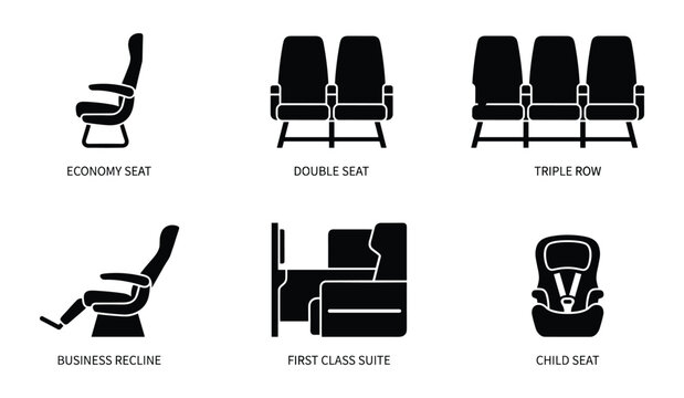 Various airplane seat types including economy double triple row business recline first class suite and child seat