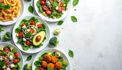 Assortment of fresh healthy salads on white plates. Colorful vegetables, greens, avocado, tomatoes, feta cheese, onions, basil leaves, falafel balls, pasta create vibrant meal. Dishes offer delicious