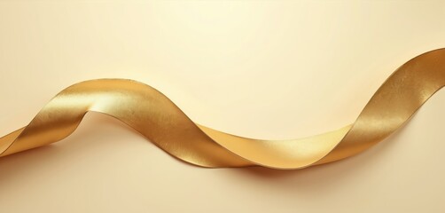 Long golden ribbon flows in graceful wave on soft beige background. Shiny satin surface twists, curls creating elegant shapes. Decorative banner element for holidays, anniversaries, awards festive