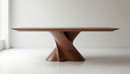 Unique wooden table with twisting pedestal base. Modern furniture piece features sleek, polished surface perfect for dining display. Sculptural form adds artistic flair to interior space.
