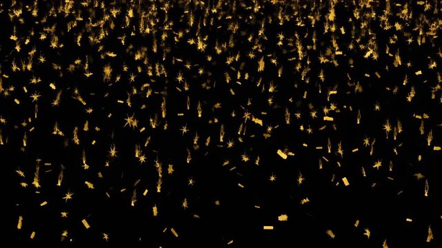 Golden Confetti Falling Down On Black Background, Abstract Celebration Event And Party Concept With Sparkling Particles