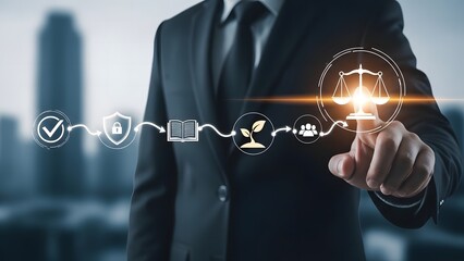 Lawyer touching digital scales of justice and legal icons