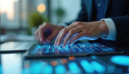 Man works on digital tablet. He is typing data into financial app. Laptop and documents are on table. Concept of trade and online business analytics system.
