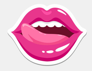 Woman licking red lips sticker. Cartoon sexy woman's half-open mouth with teeth and tongue sticking out. Pink lips. Expressions, emotions, beauty concept