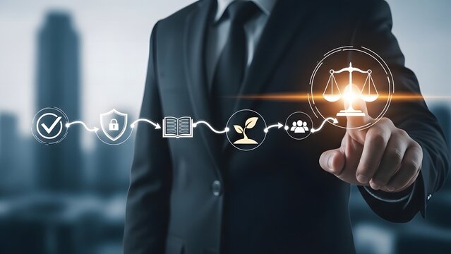 Lawyer touching digital scales of justice and legal icons