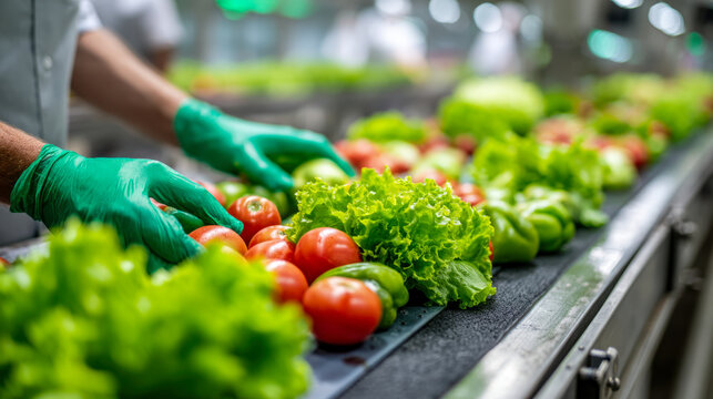 Workers wearing green gloves sorting fresh tomatoes and leafy lettuce on a conveyor belt in a clean food processing facility with blurred background elements