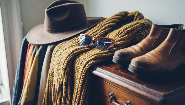 Stylish autumn outfit composition. Hat, scarf, sunglasses and boots arranged on vintage drawers. Captures a cozy, seasonal feel. Use for fashion, lifestyle blogs.