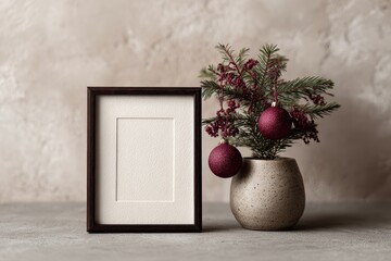Dark wooden frame mockup standing near vase with pine branch and red Christmas ball for holiday greeting card presentation