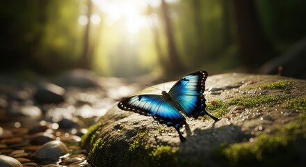 Radiant blue morpho butterfly basking on a mossy stone in a serene forest glade