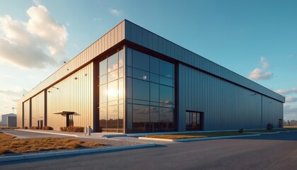 Modern industrial building with large glass windows reflects sun and clouds. Sleek metal exterior facade features simple entryways and minimal landscaping under a blue sky.