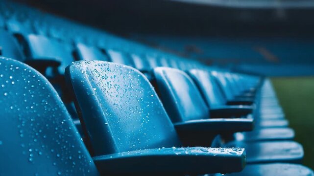 Rows of empty blue stadium seats covered with detailed raindrops during a heavy downpour