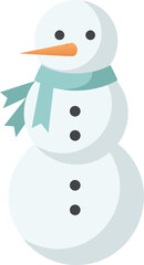 Charming flat design snowman illustration with a light blue scarf and carrot nose, perfect for winter holiday greeting cards, seasonal decor, and festive digital elements