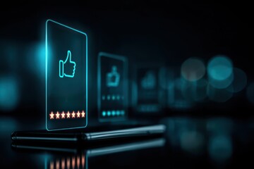 A modern scene where satisfaction and retention flourish under a secure guarantee with every review receiving feedback that lifts each rating beside a thumb