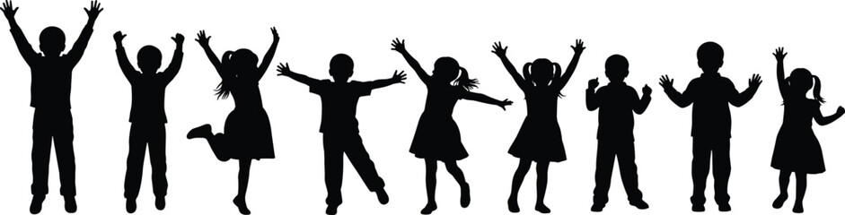 Group of happy children silhouettes jumping, raising hands, celebration, excitement, fun, childhood, kids, active, diverse, vector, isolated.