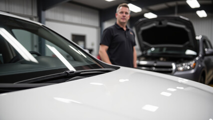 Professional mechanic stands well lit garage, showcasing white car foreground. background features another vehicle with its hood open