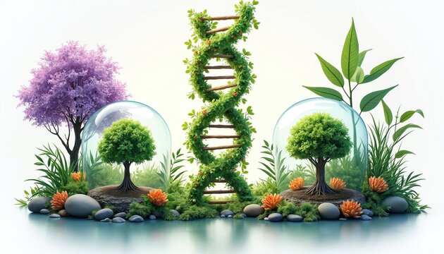 DNA helix from green plant vines genetic engineering. Trees grow under glass domes in biology lab research. Concept represents biotechnology innovation, life science, eco conservation, nature study.