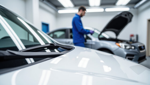 Mechanic in blue uniform inspects car engine in well lit garage, showcasing professional automotive service environment - Powered by Adobe